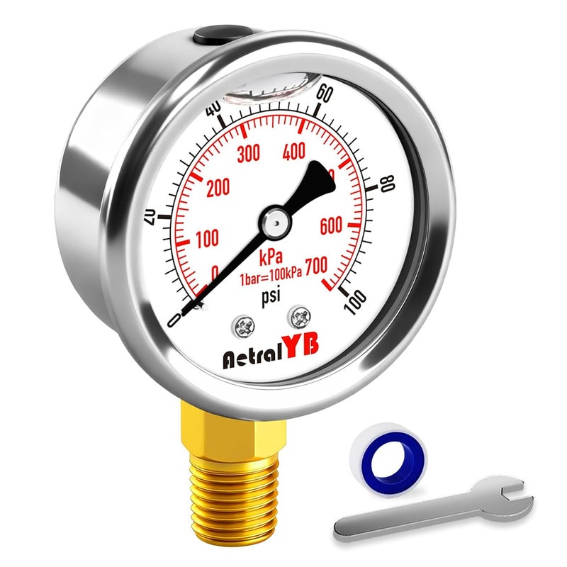 AetralYB مقياس ضغط 0-100 Psi بحجم 2 بوصة، مملوء بالجليسرين، تركيب سفلي 1/4" NPT، من الفولاذ المقاوم للصدأ، مقياس ضغط فلتر رمل المسبح، مقاوم للماء لمضخة المياه، ضاغط الهواء، خزان البئر، منظم RV - Image 1